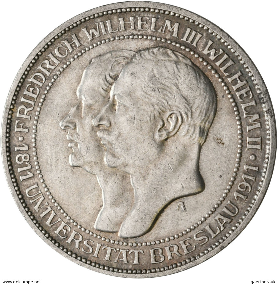 Preußen: Wilhelm II. 1888-1918: 3 Mark 1911 A, Universität Breslau, Jaeger 108, - Taler Et Doppeltaler