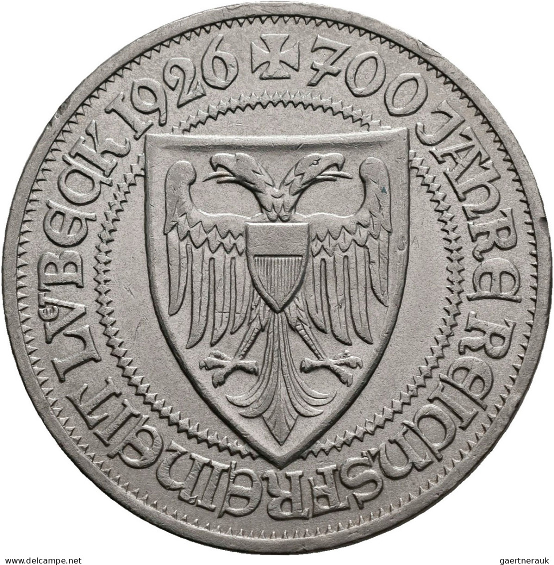 Weimarer Republik: 3 Reichsmark 1926 A, Lübeck, Jaeger 323, Kleine Randfehler Un - Sonstige & Ohne Zuordnung