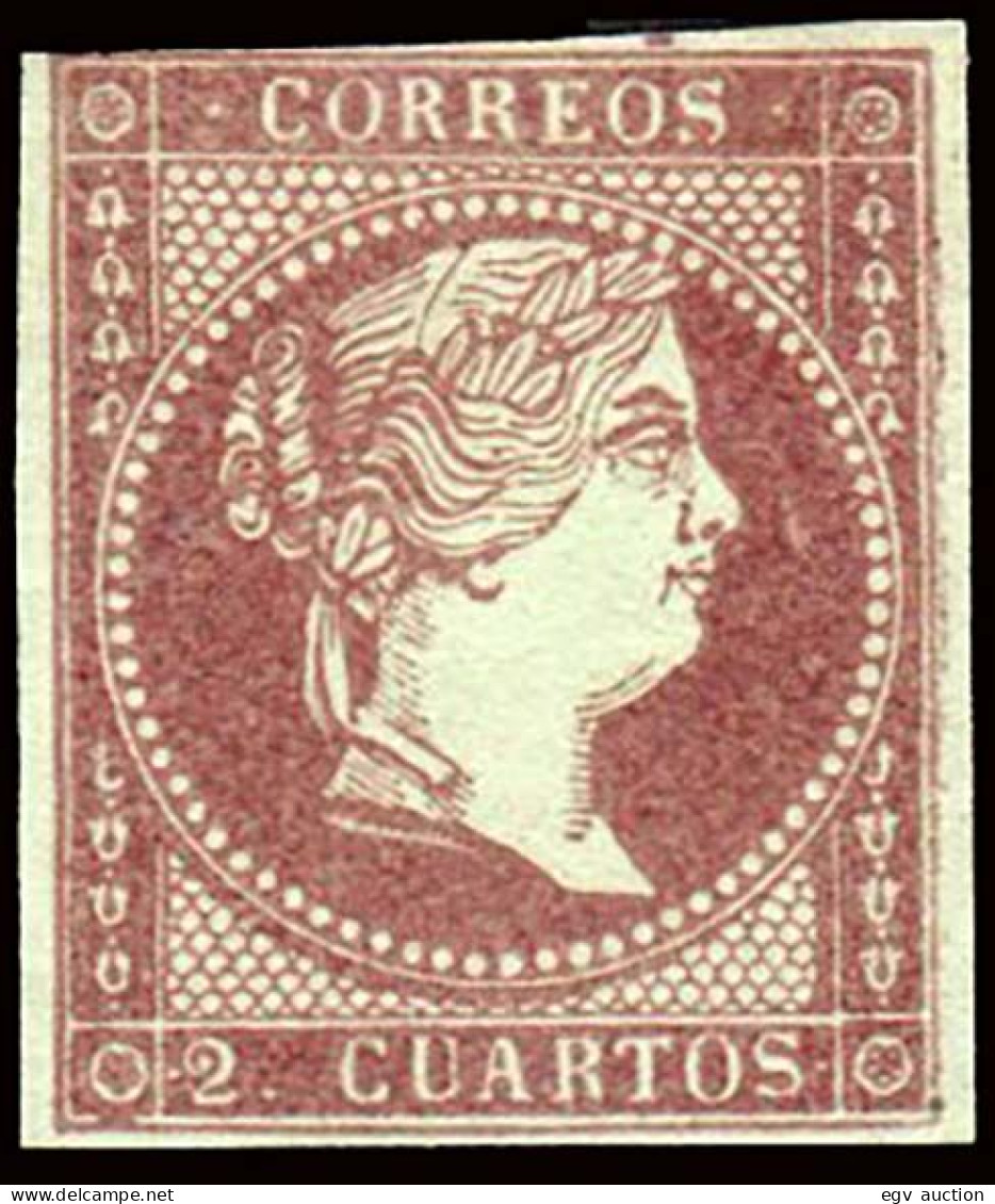 España - (*) - Isabel II - Ensayo Color - 2 Cuartos Castaño Violeta Sobre Papel Verde - Gálvez 161 - Nuevos