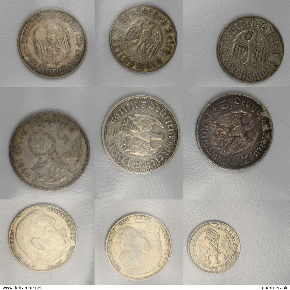 Drittes Reich: Lot 9 Münzen, Dabei 50 Pf. 1939 J; 2 X Hindenburg 2er; 3 X 5er So - Sonstige & Ohne Zuordnung