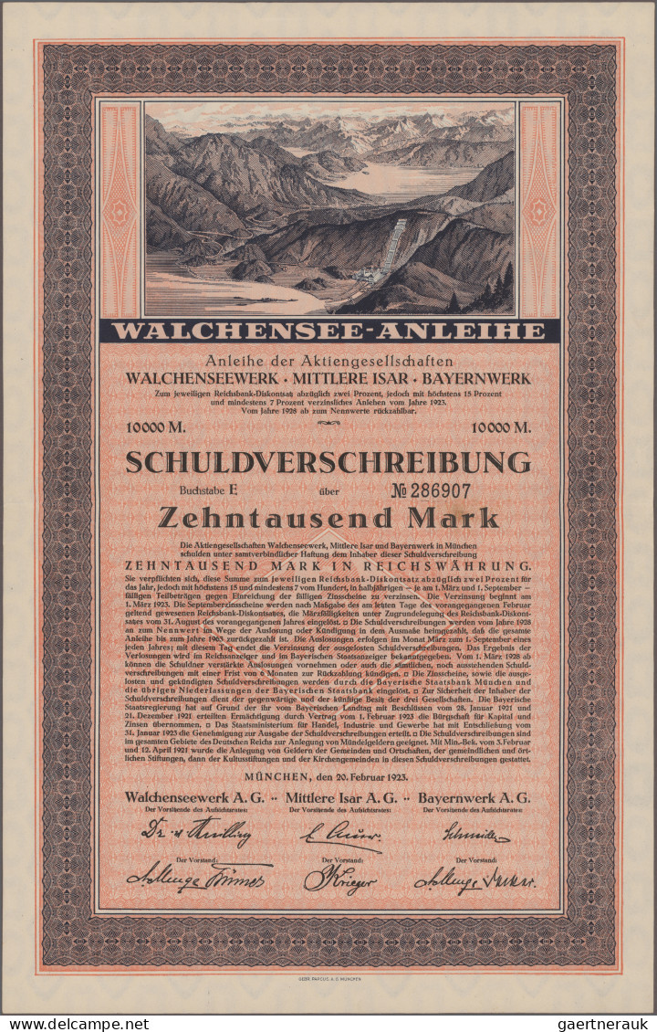 Alte Aktien / Wertpapiere: Walchensee – Anleihe, 4x 10.000 und 3x 20.000 Mark Sc