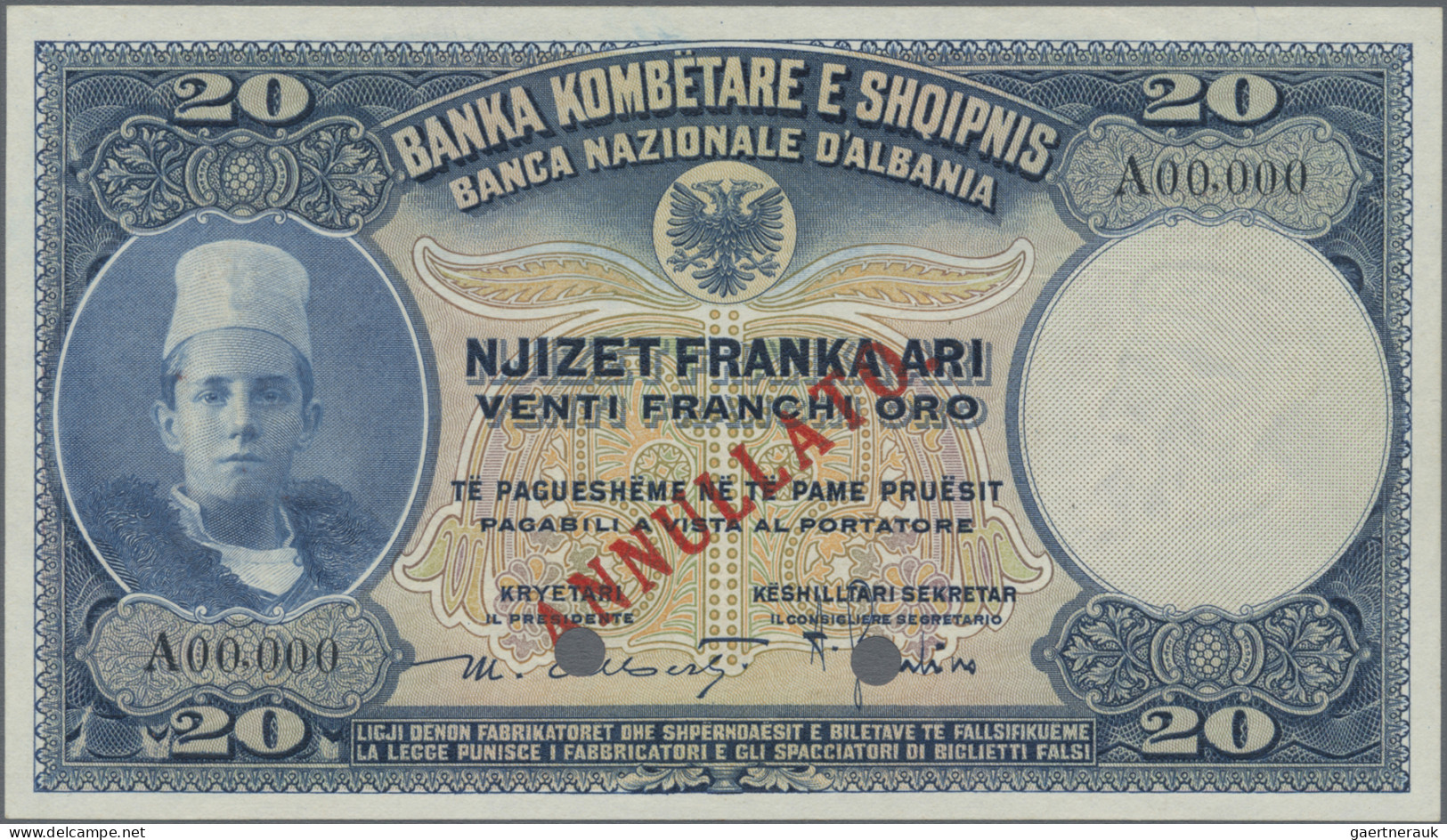 Albania: Banca Nazionale D'Albania, 20 Franka Ari ND(1926) SPECIMEN, P.3s, With - Albanie