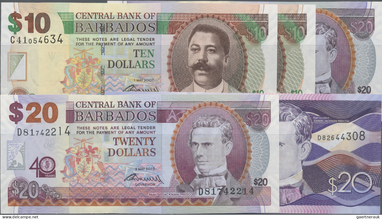 Barbados: Central Bank Of Barbados, Lot With 5 Banknotes, 2007-2013 Series, Incl - Barbades