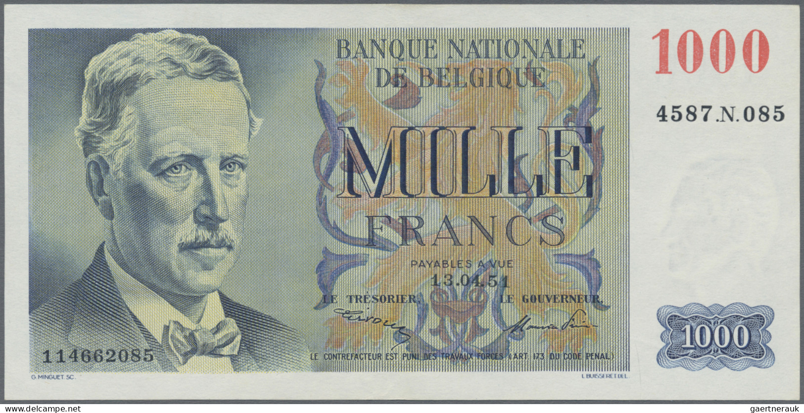 Belgium: Banque Nationale De Belgique, 1.000 Francs 13.04.1951 With Signatures: - [ 1] …-1830 : Avant Indépendance