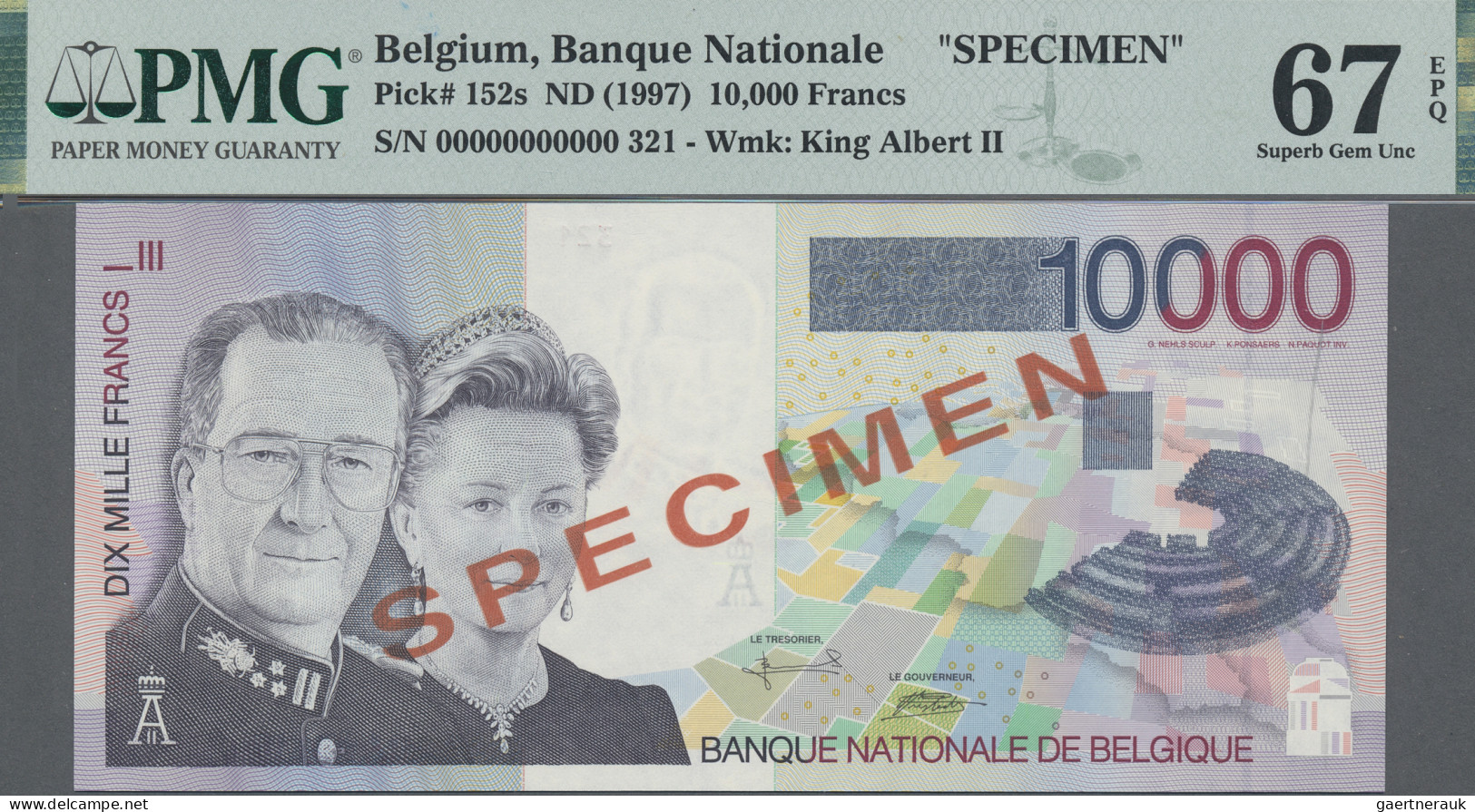 Belgium: Banque Nationale De Belgique, 10.000 Francs ND(1997) SPECIMEN, P.152s, - Andere & Zonder Classificatie