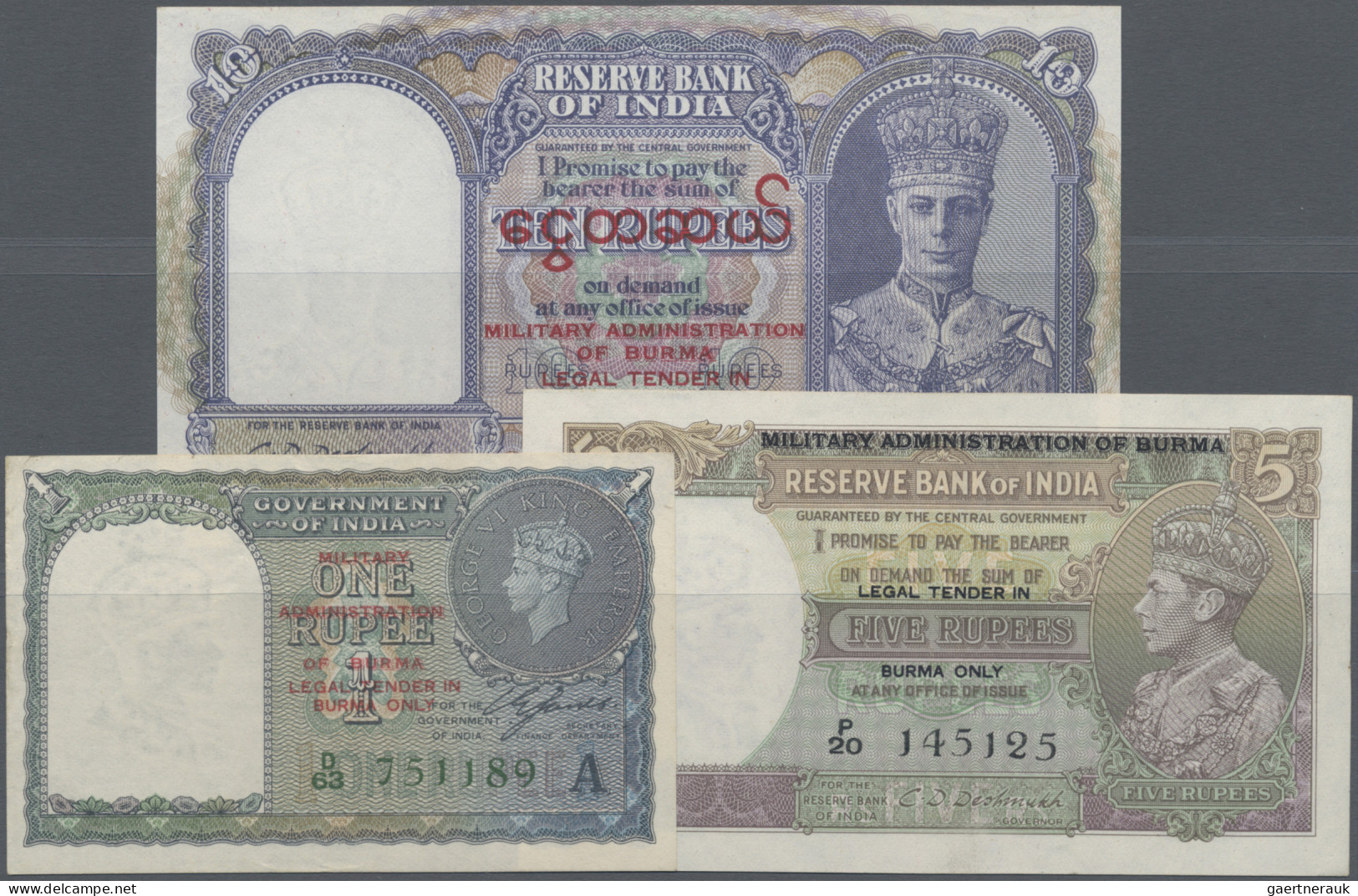 Burma / Myanmar / Birma: Government Of India, Set With 3 Banknotes With Overprin - Myanmar