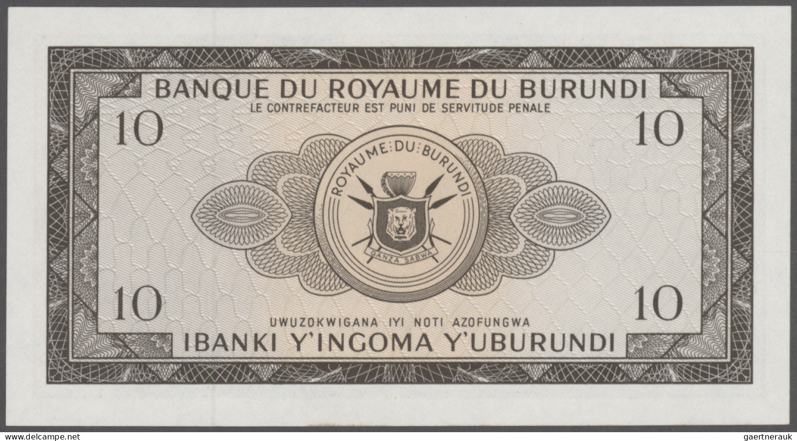 Burundi: Banque Du Royaume Du Burundi, 10 Francs 1964, P.9a, Tiny Dint Upper Rig - Burundi