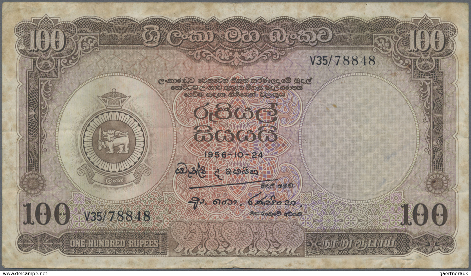 Ceylon: Central Bank Of Ceylon, 100 Rupees 1956, P.61, Very Rare Banknote In Sti - Sri Lanka