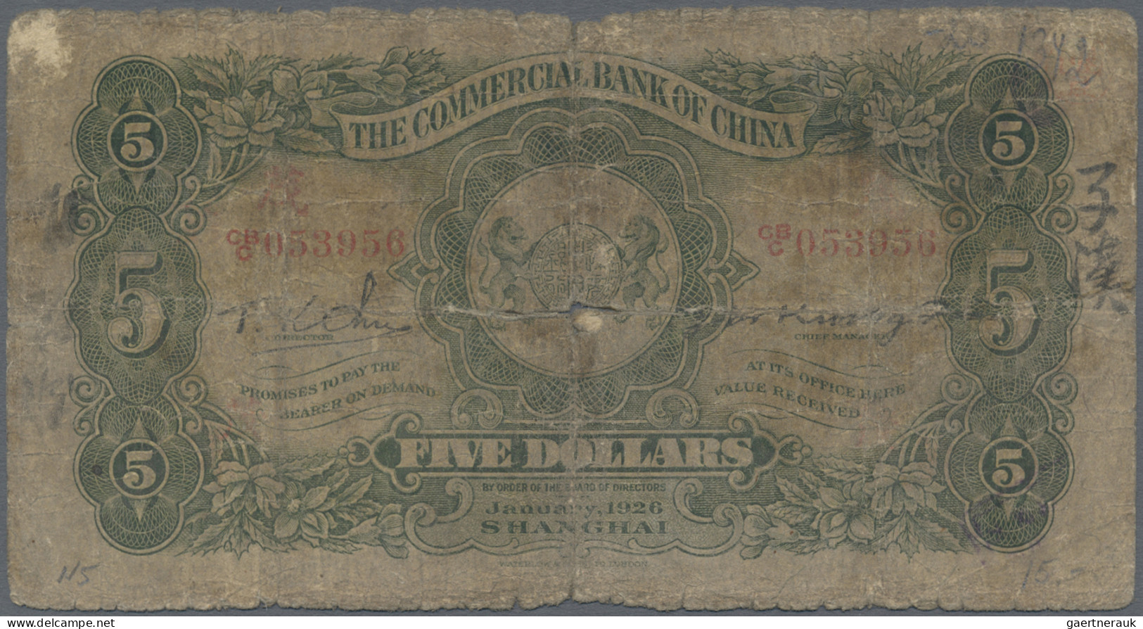 China: The Commercial Bank Of China, 5 Dollars 1926, P.9, Almost Well Worn Condi - China