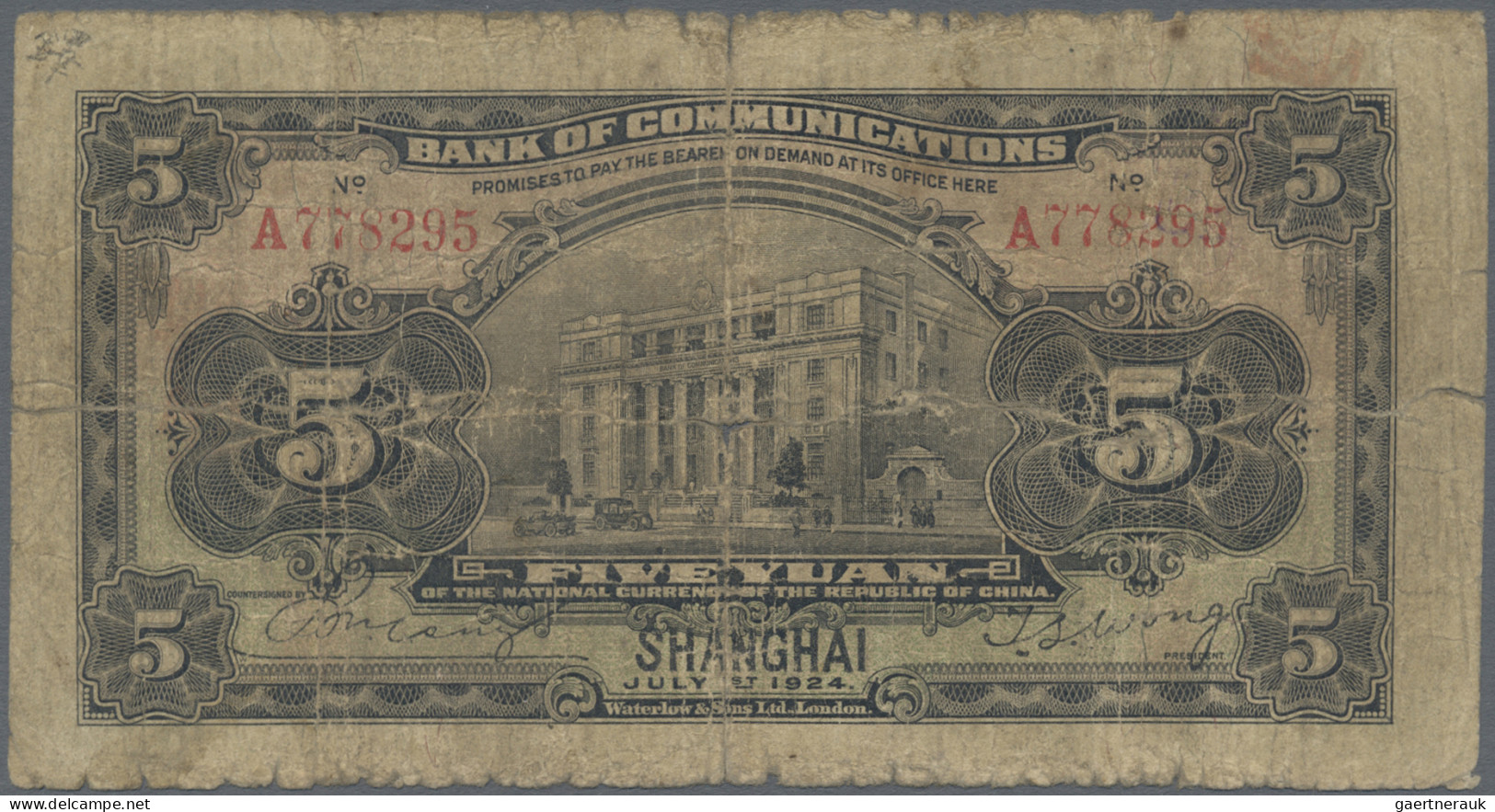 China: Bank Of Communications, 5 Yuan 1924 – Place Of Issue SHANGHAI, P.135b, Ma - China