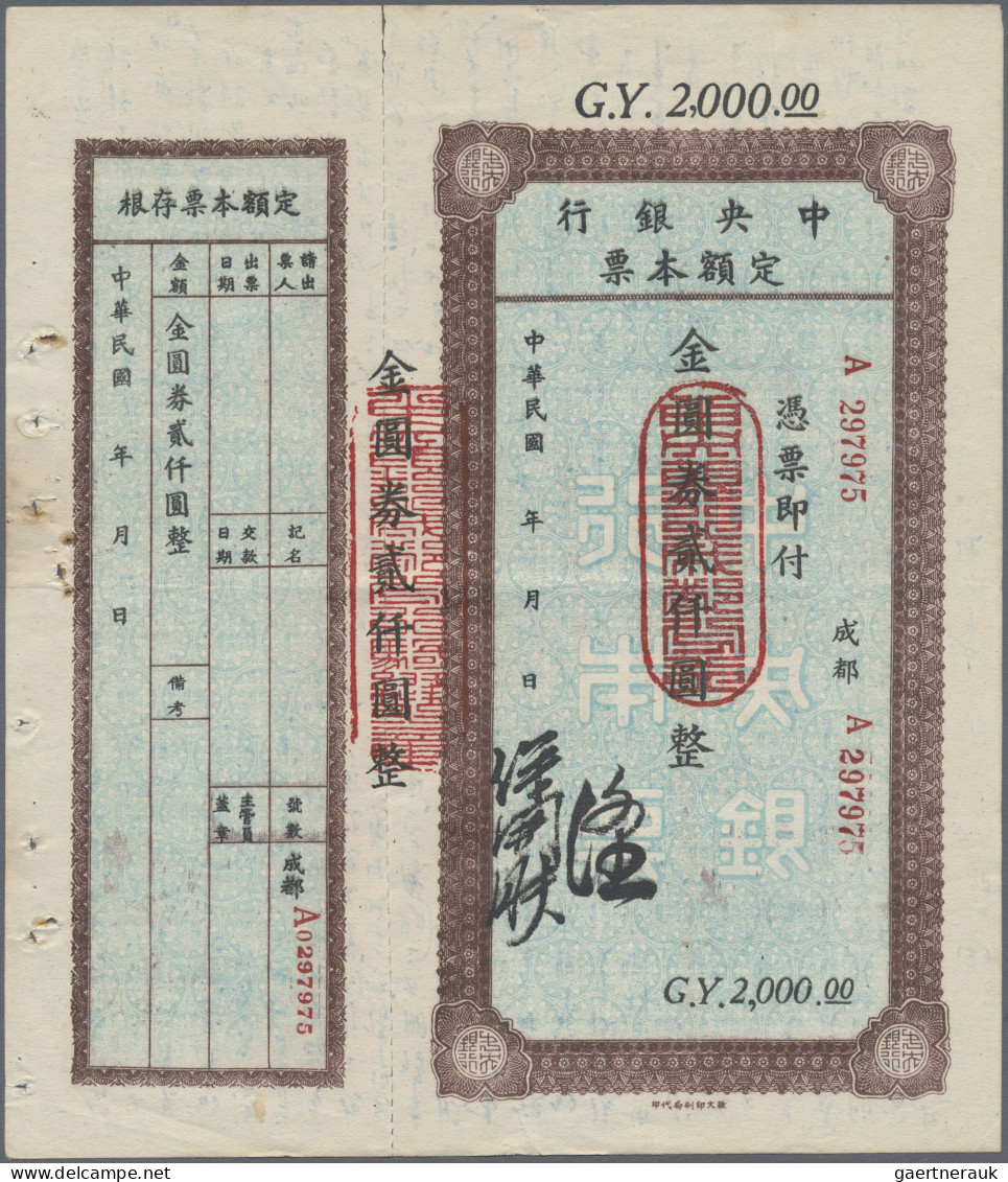 China: The Central Bank Of China – CHENGTU Branch, Set With 3 Gold Yuan Checks, - Chine