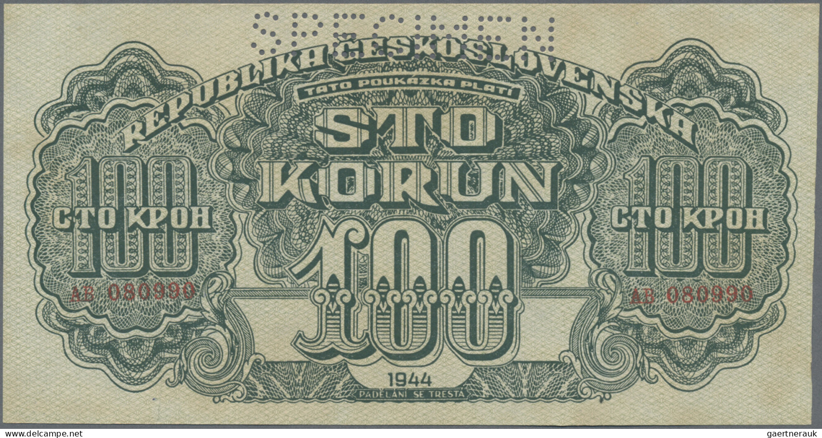 Czechoslovakia: Republika Československá, lot with 7 banknotes, 1944-1945 series