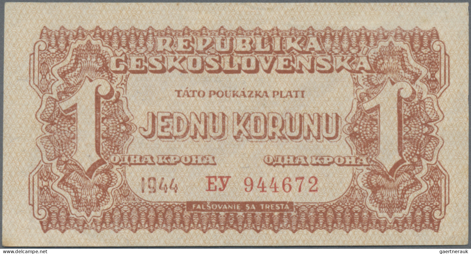 Czechoslovakia: Republika Československá, lot with 7 banknotes, 1944-1945 series