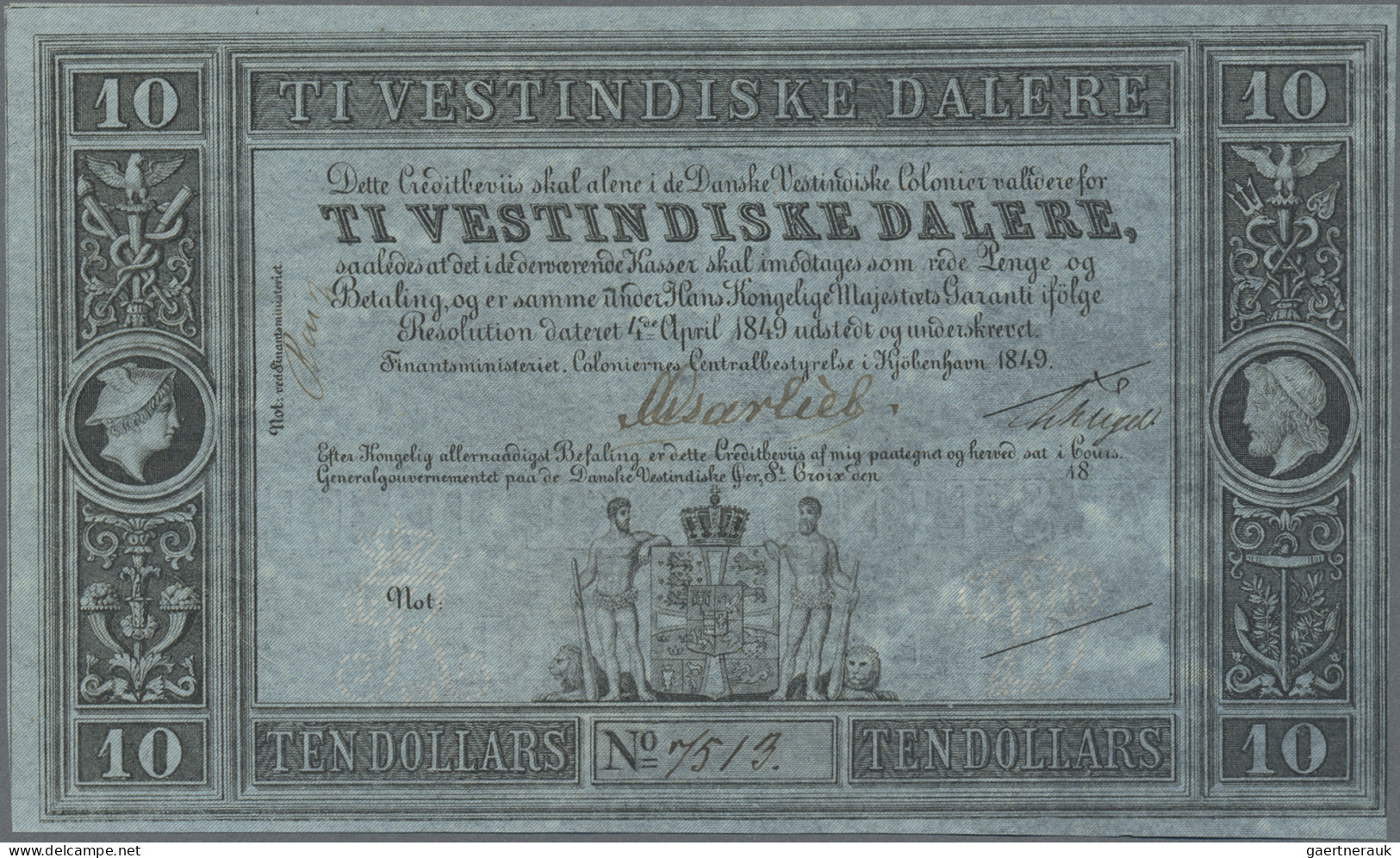 Danish West Indies: State Treasury, 10 Vestindiske Dalere / Dollars L.04.04.1849 - Danemark