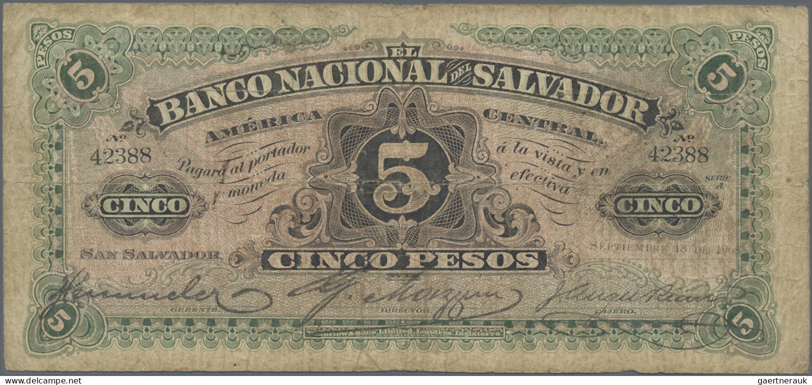 El Salvador: El Banco Nacional Del Salvador, 5 Pesos 1908, P.S162b, Still Nice W - El Salvador