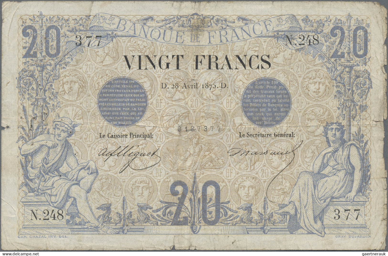 France: Banque De France, 20 Francs 1875, Signatures Mignot & Marsaud, P.61a, Ra - Andere & Zonder Classificatie