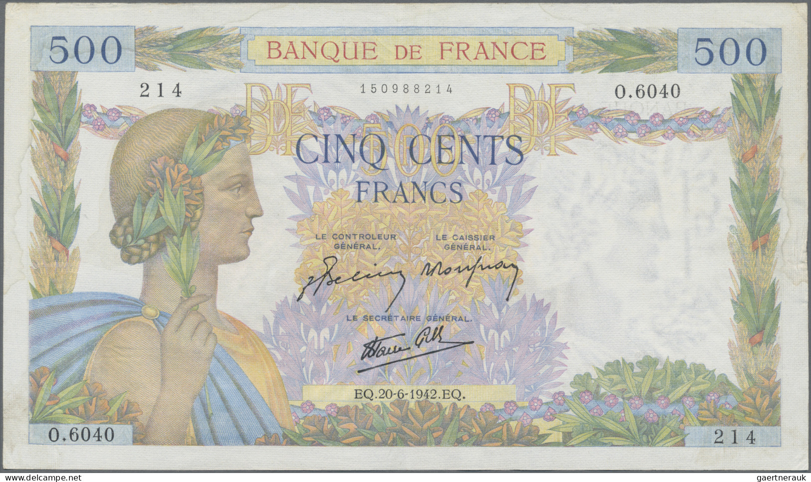 France: Banque De France, Lot With 6 Banknotes, Series 1940-1944, Including 20 F - 1955-1959 Aufdrucke Neue Francs