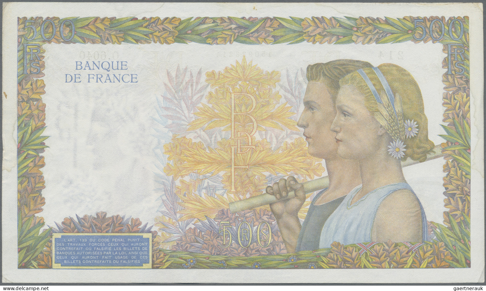 France: Banque De France, Lot With 6 Banknotes, Series 1940-1944, Including 20 F - 1955-1959 Aufdrucke Neue Francs