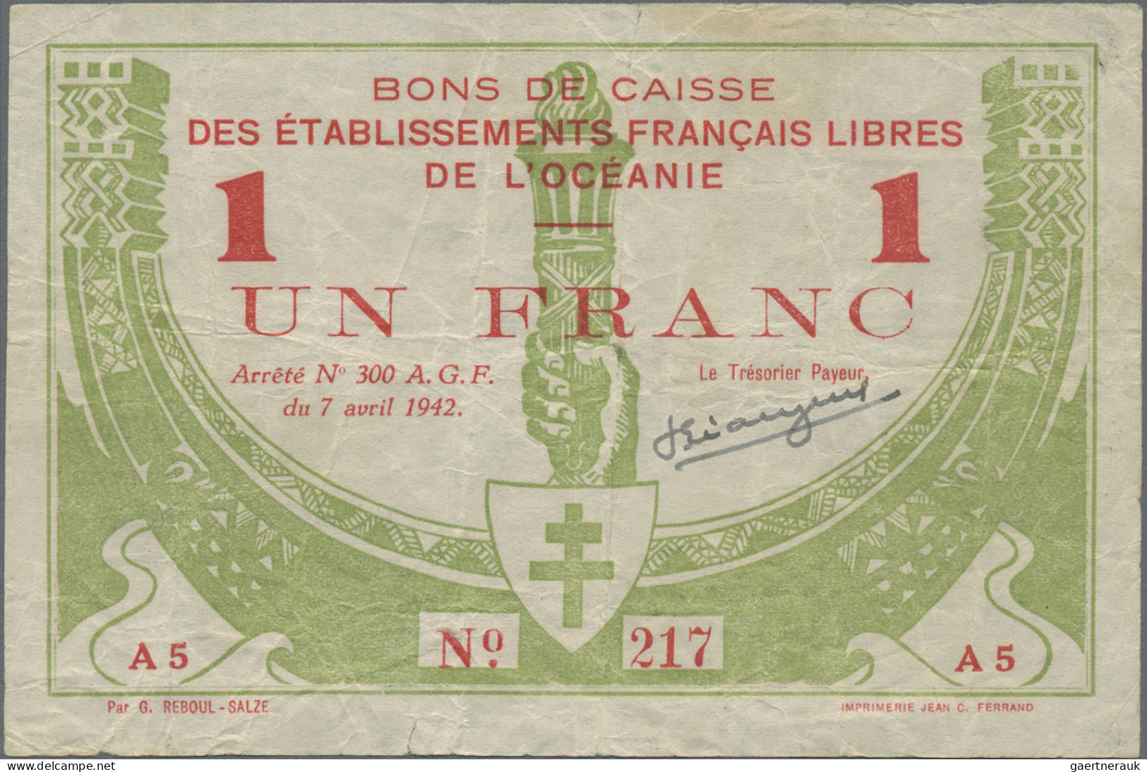 French Oceania: Caisse Des Établissements Français Libres De L'Océanie, 1 Franc - Zonder Classificatie