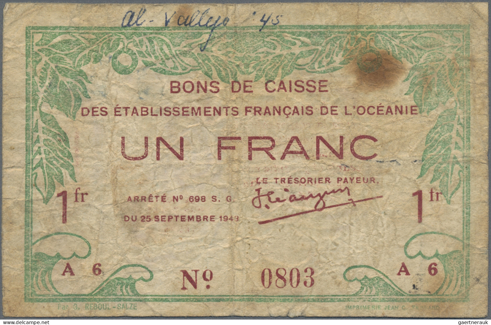 French Oceania: Caisse Des Établissements Français De L'Océanie, 1 Franc, L.15.0 - Ohne Zuordnung