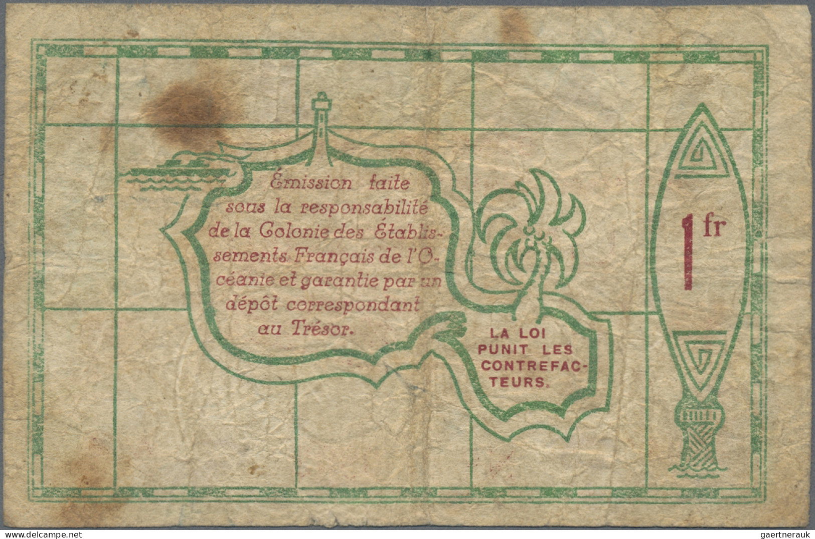 French Oceania: Caisse Des Établissements Français De L'Océanie, 1 Franc, L.15.0 - Ohne Zuordnung