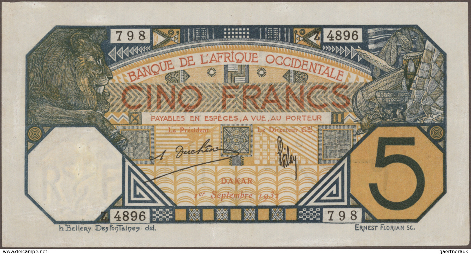 French West Africa: Banque De L'Afrique Occidentale, Lot With 9 Banknotes, 1919- - États D'Afrique De L'Ouest