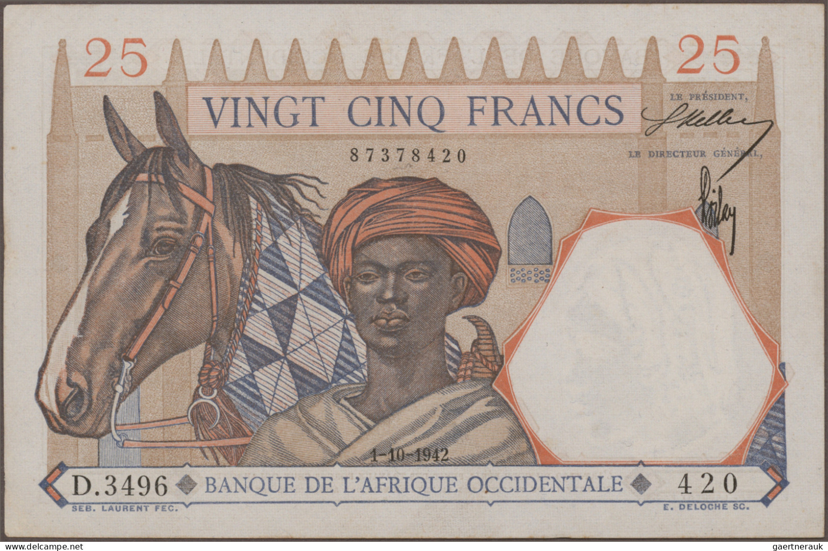 French West Africa: Banque de l'Afrique Occidentale, lot with 10 banknotes, seri
