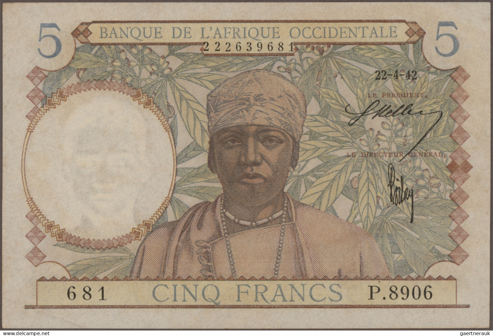 French West Africa: Banque de l'Afrique Occidentale, lot with 10 banknotes, seri