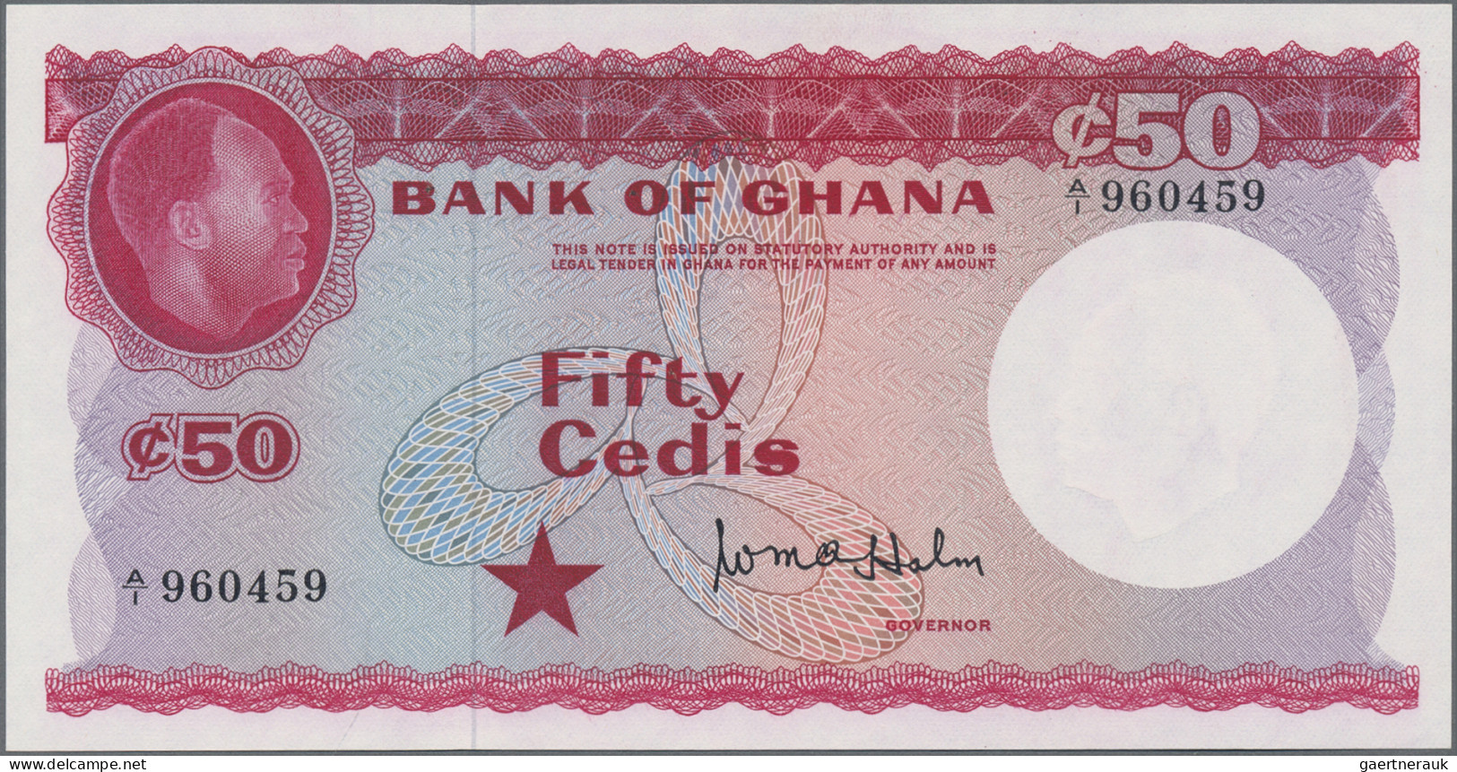 Ghana: Bank of Ghana, lot with 5 banknotes, series ND(1965), with 1, 5, 10, 50 a