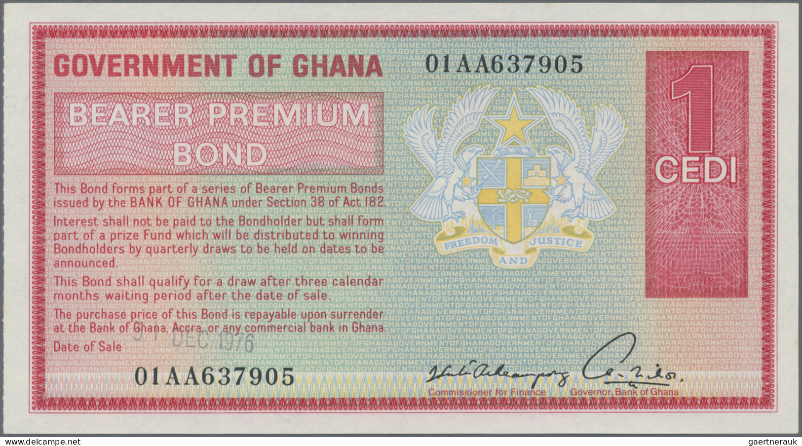 Ghana: Bank Of Ghana, Pair With 1 Cedi 1976 Bearer Premium Bond (P.NL, UNC) And - Ghana