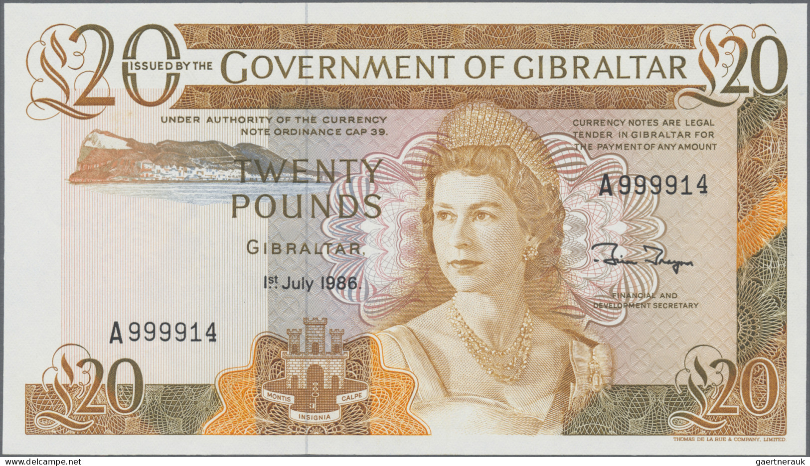 Gibraltar: Government Of Gibraltar, 20 Pounds 1st July 1986, High Serial Number - Gibraltar