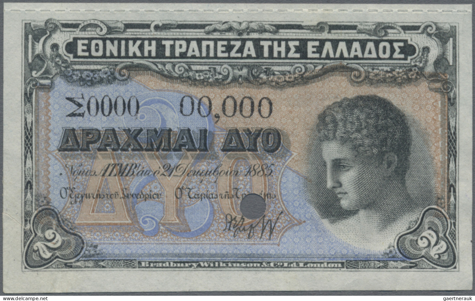 Greece: National Bank Of Greece, 2 Drachmai 1885 SPECIMEN With Cancellation Hole - Griechenland