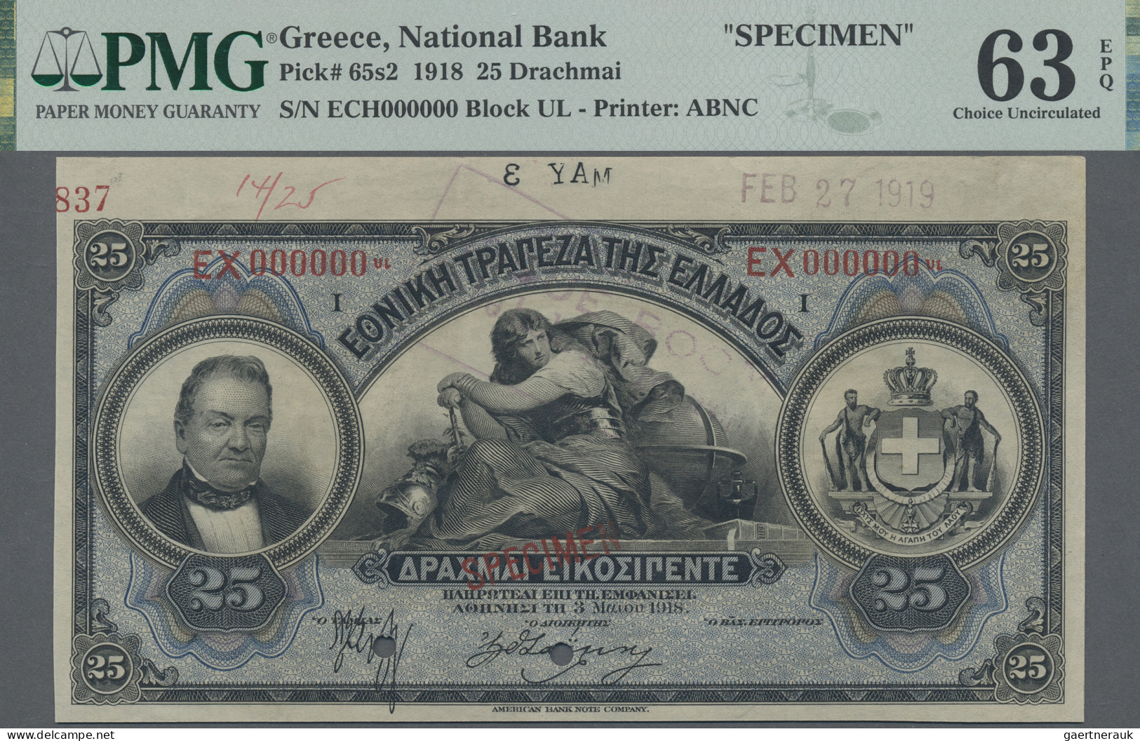 Greece: National Bank Of Greece, 25 Drachmai 1918 SPECIMEN, P.65s2, PMG Graded 6 - Grecia