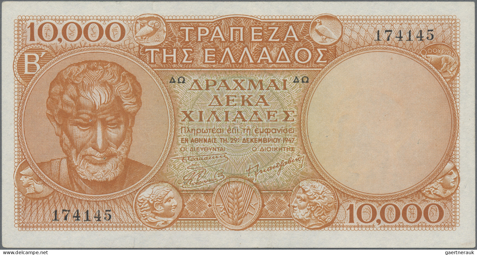 Greece: Bank Of Greece, Pair Of The 10.000 Drachmai 1947, P.182a With Running Se - Greece