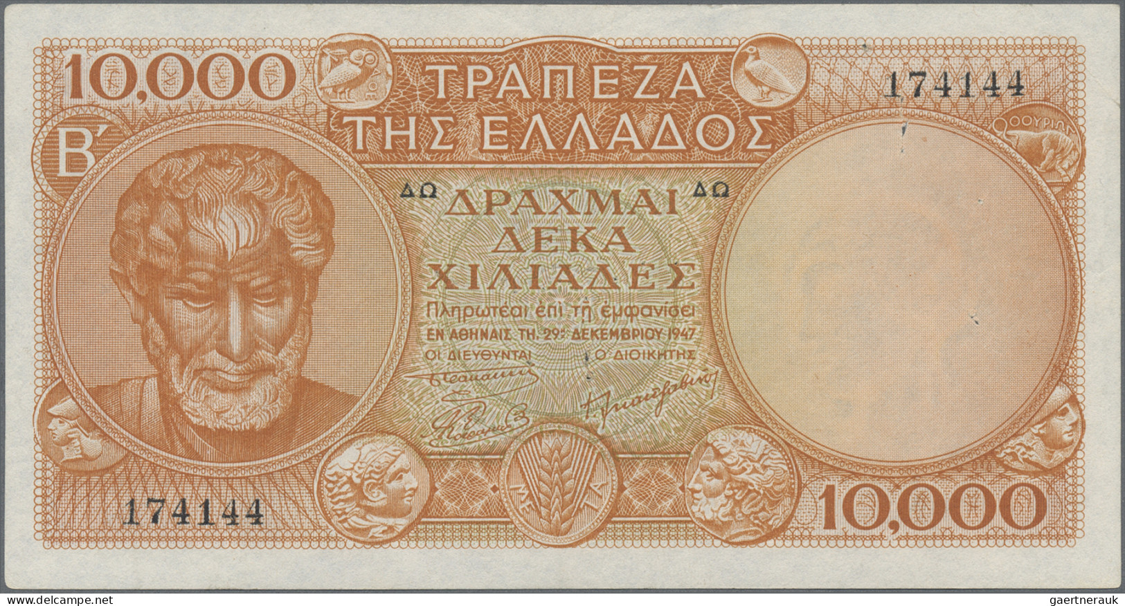 Greece: Bank Of Greece, Pair Of The 10.000 Drachmai 1947, P.182a With Running Se - Grèce