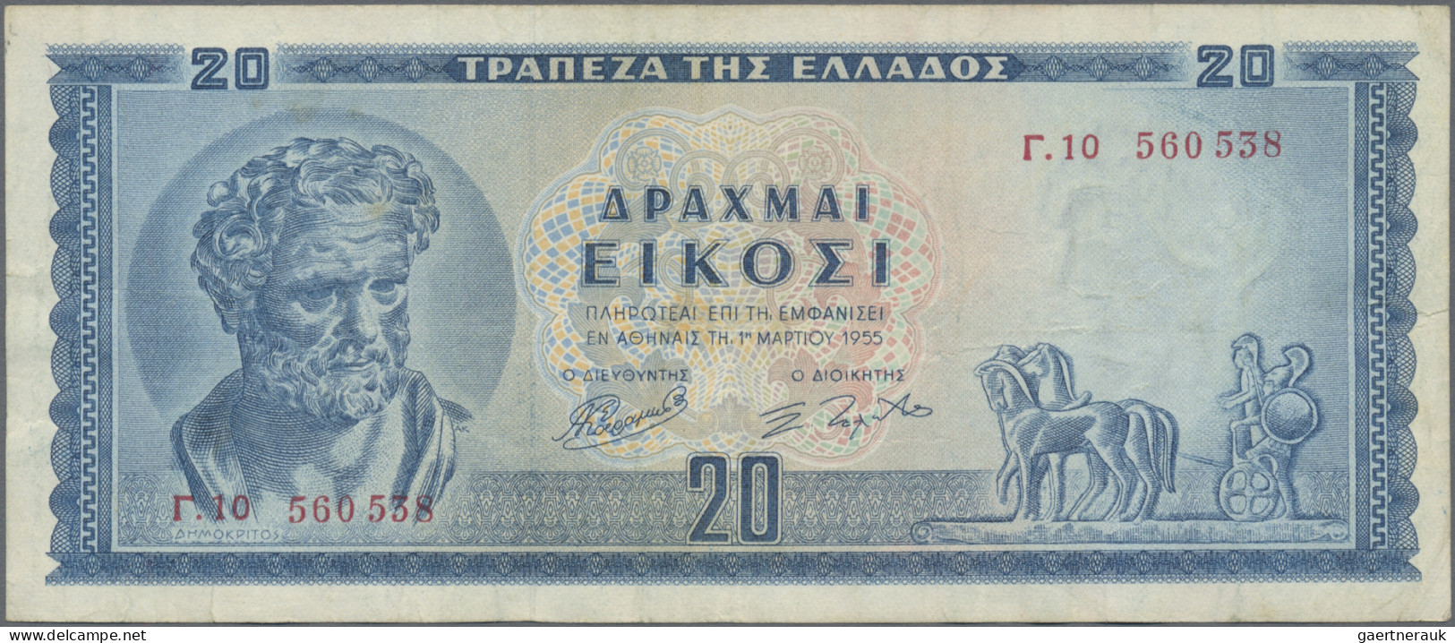 Greece: Bank Of Greece, Lot With 4 Banknotes 1954-1955 Series, With 10, 20, 50 A - Griekenland