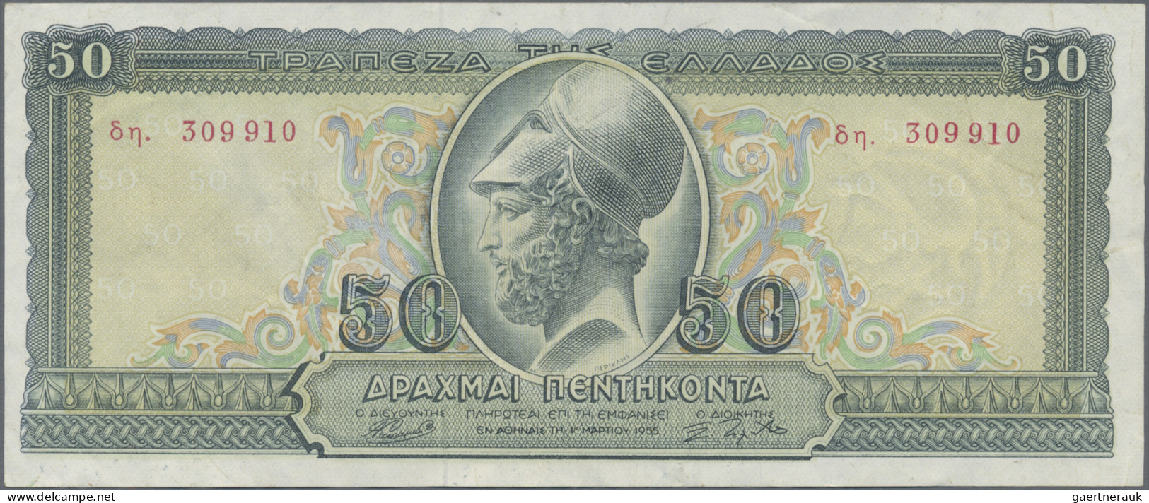 Greece: Bank Of Greece, Lot With 4 Banknotes 1954-1955 Series, With 10, 20, 50 A - Griechenland