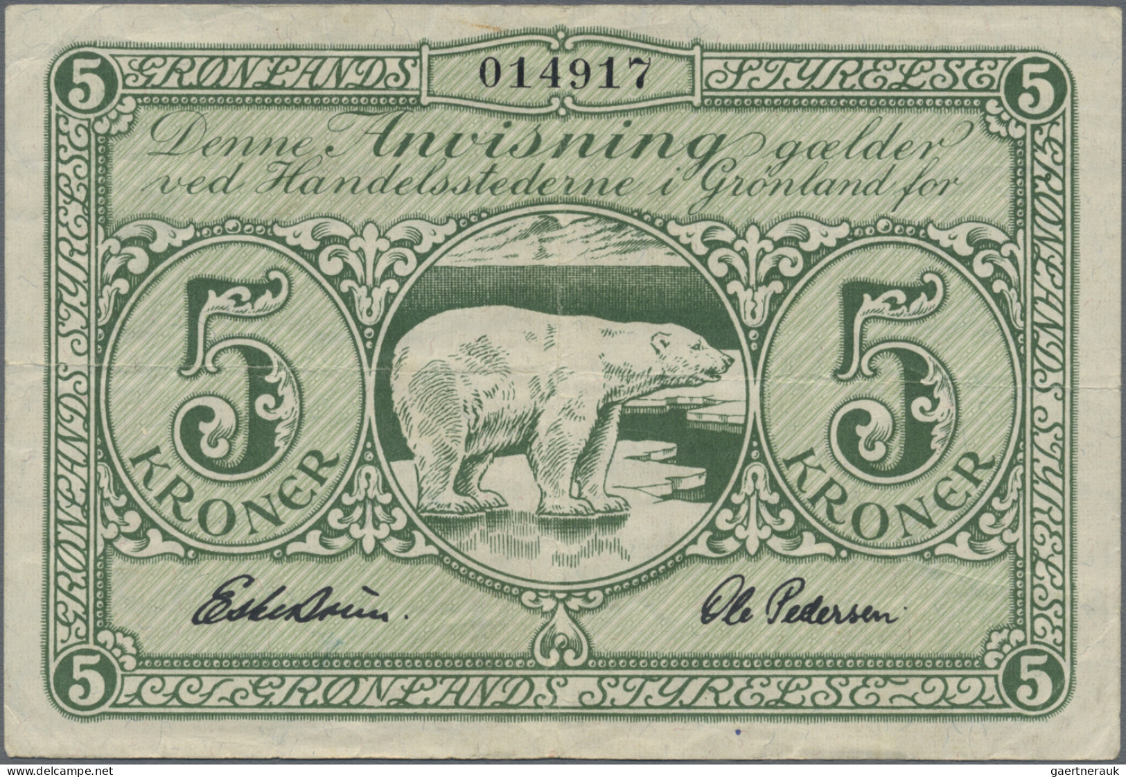 Greenland: Government Of Greenland, 5 Kroner ND(1945), Signatures Eske Brun & Ol - Greenland