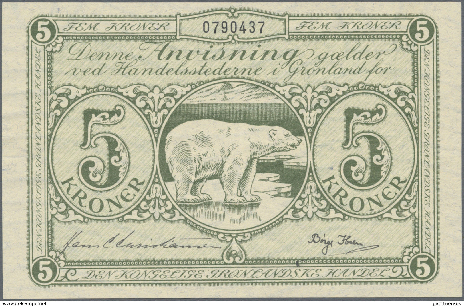 Greenland: Royal Greenlandic Trade, 5 Kroner ND(1953), P.18a, Very Exceptional C - Groenlandia