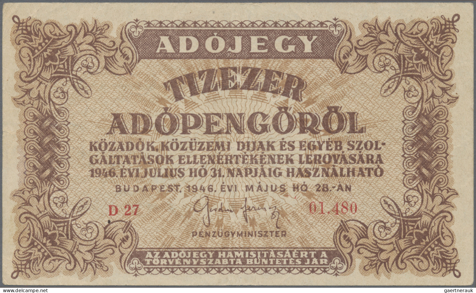 Hungary: Ministry Of Finance, Set With 10.000, 50.000, 100.000 And 500.000 Adope - Hongarije