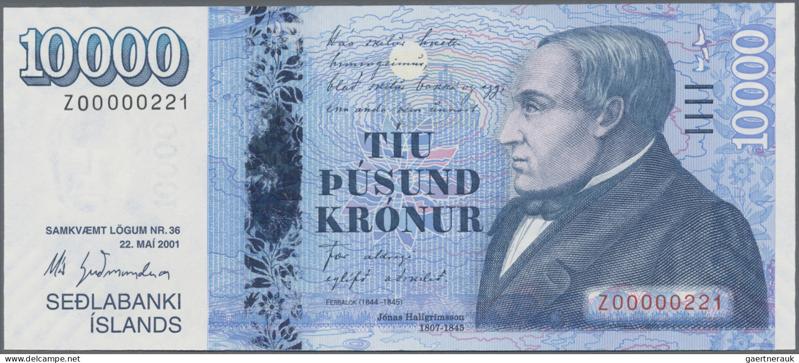 Iceland: Central Bank Of Iceland, 10.000 Kronur L.22.05.2001 REPLACEMENT NOTE, S - Islandia