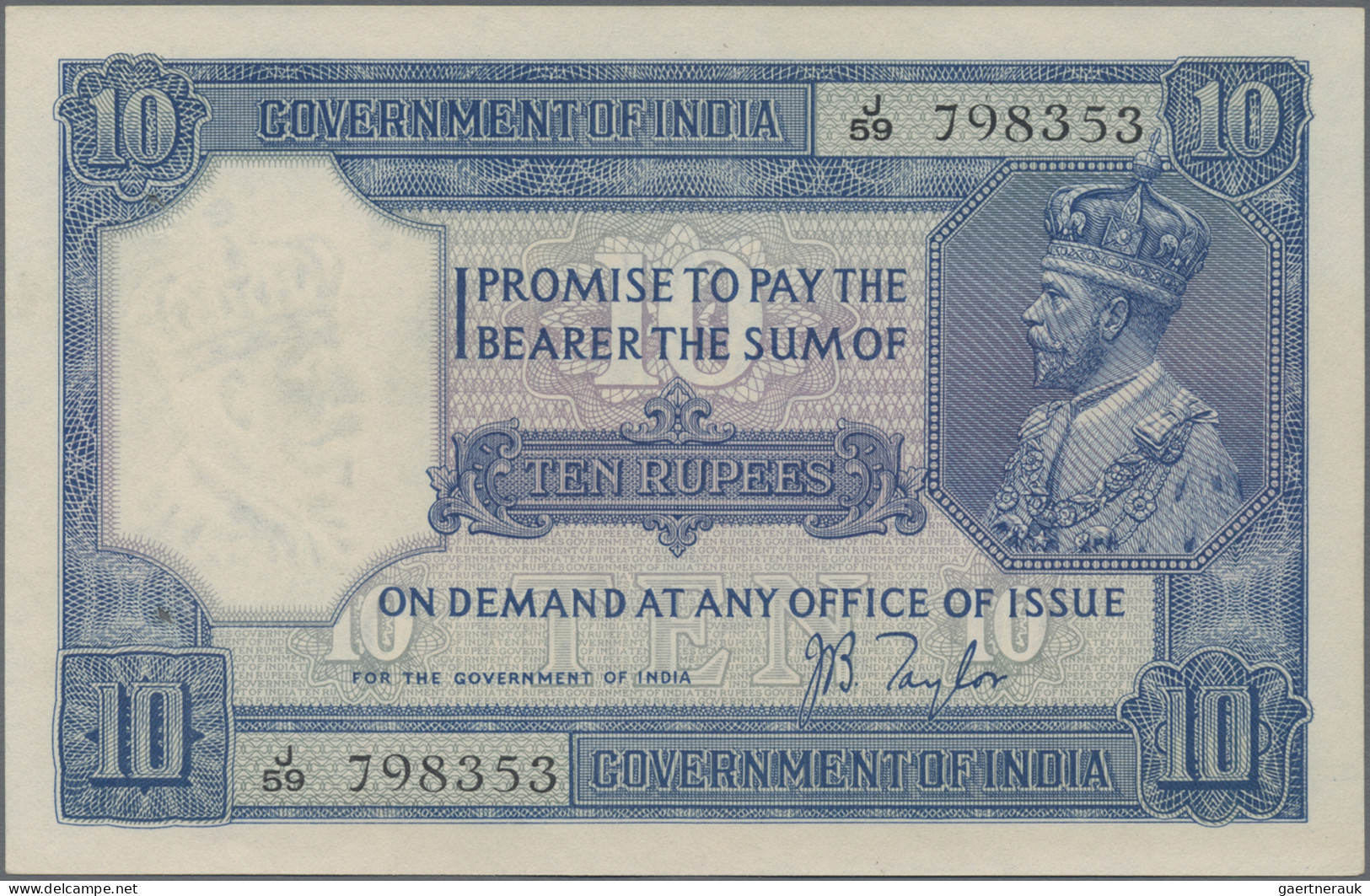 India: Government Of India, 10 Rupees ND(1917-30) With Signature Taylor, P.7b, P - India