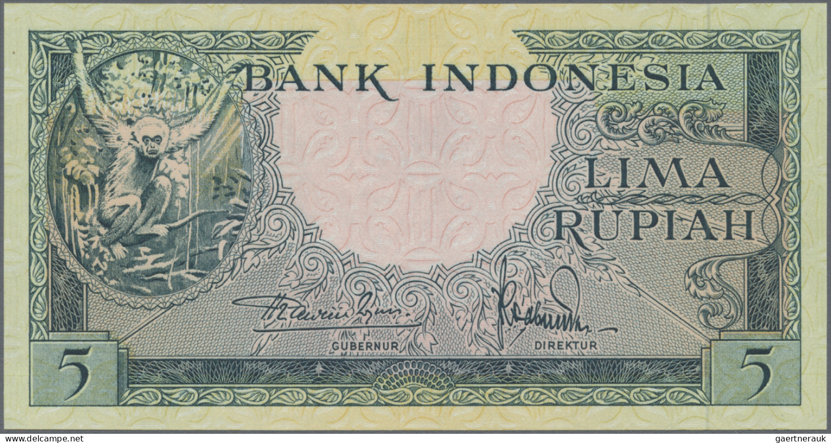 Indonesia: Bank Indonesia, Lot With 6 Banknotes "Animal Series" 1957, With 5 Rup - Indonesia