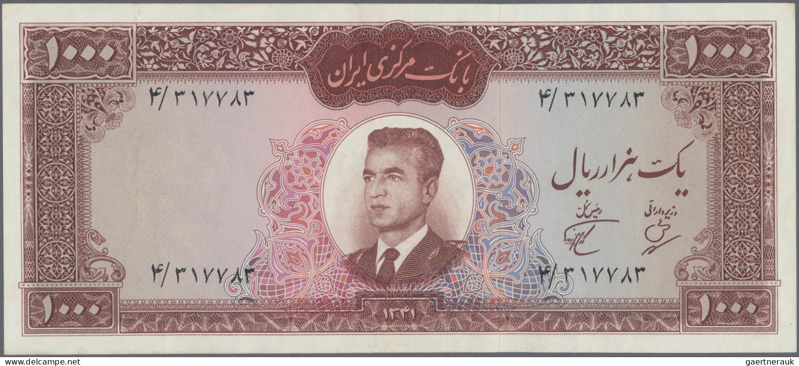 Iran: Bank Markazi Iran, 1.000 Rials SH1331(1962), P.75, Almost Perfect With A V - Irán