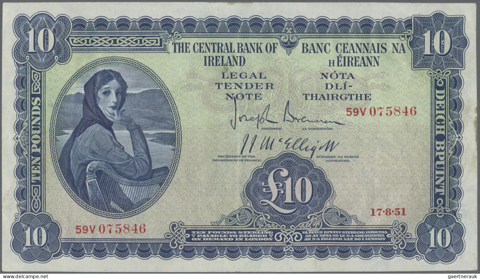 Ireland: Central Bank Of Ireland, 10 Pounds 1951, P.59b, Great Original Shape Wi - Irlande