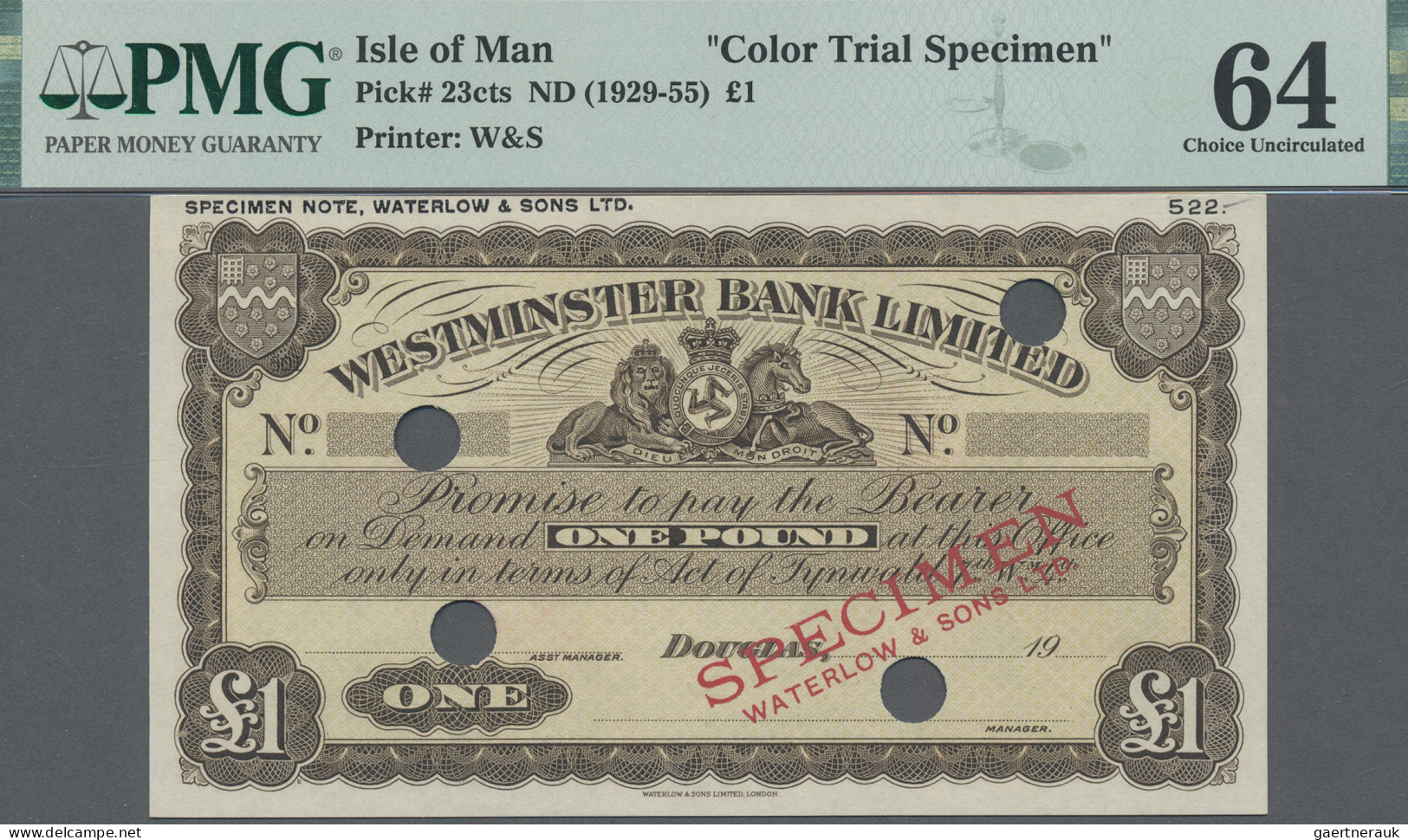 Isle Of Man: Westminster Bank Limited, 1 Pound ND(1929-55) COLOUR TRIAL SPECIMEN - Andere & Zonder Classificatie