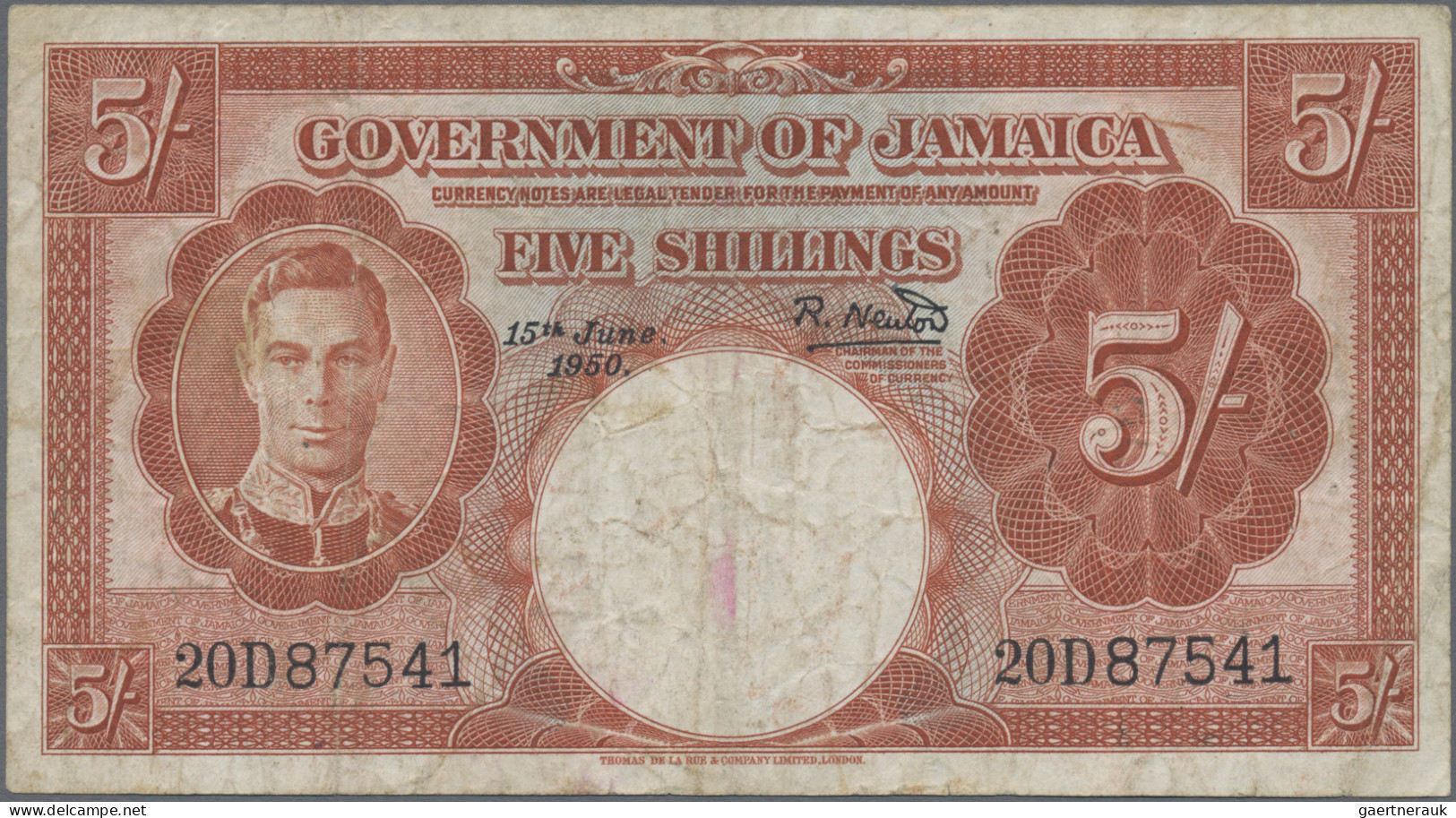 Jamaica: Government Of Jamaica, Pair With 5 Shillings 15th June 1950 (P.37a, F) - Jamaique