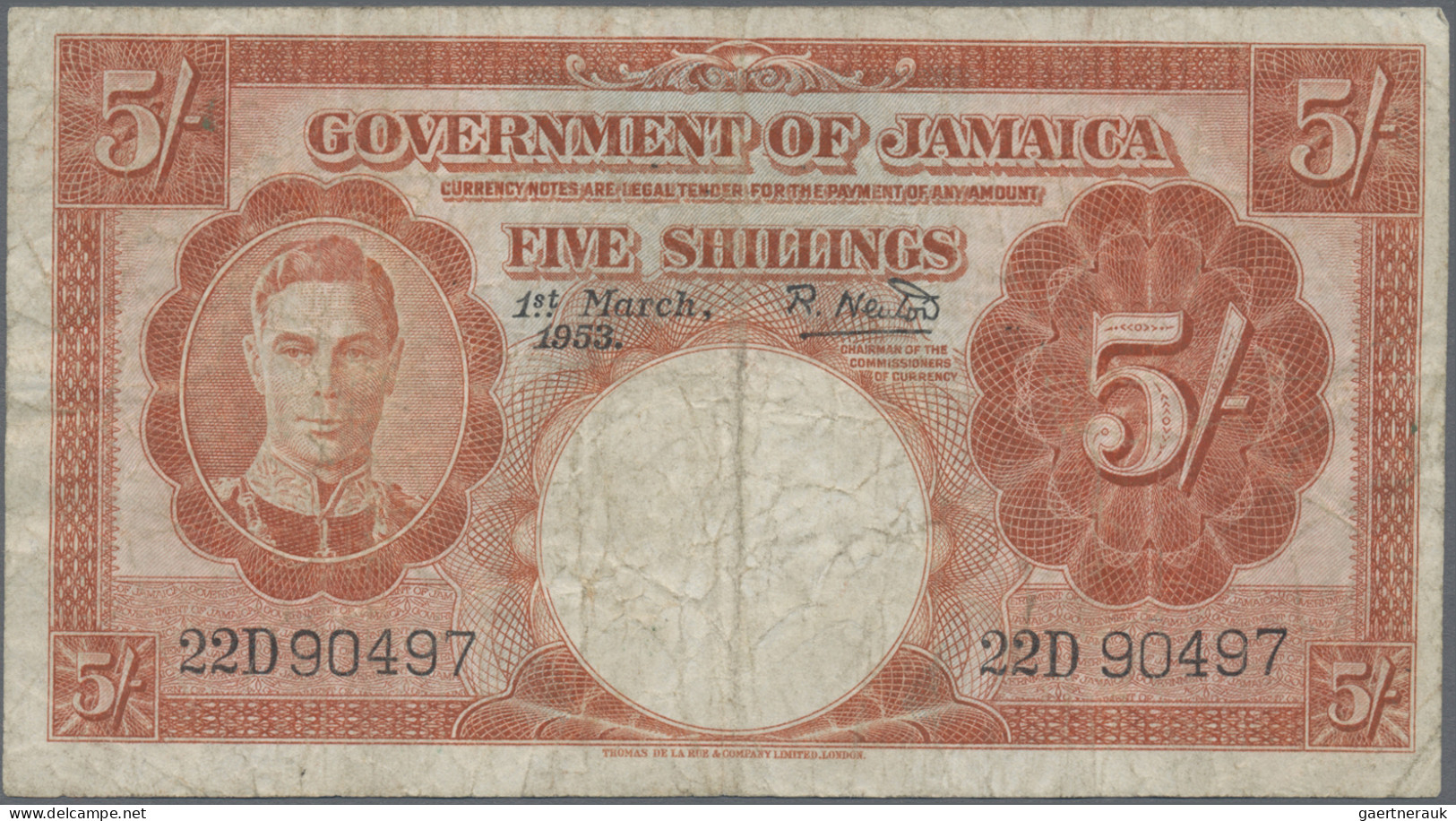 Jamaica: Government Of Jamaica, Pair With 5 Shillings 15th June 1950 (P.37a, F) - Jamaique