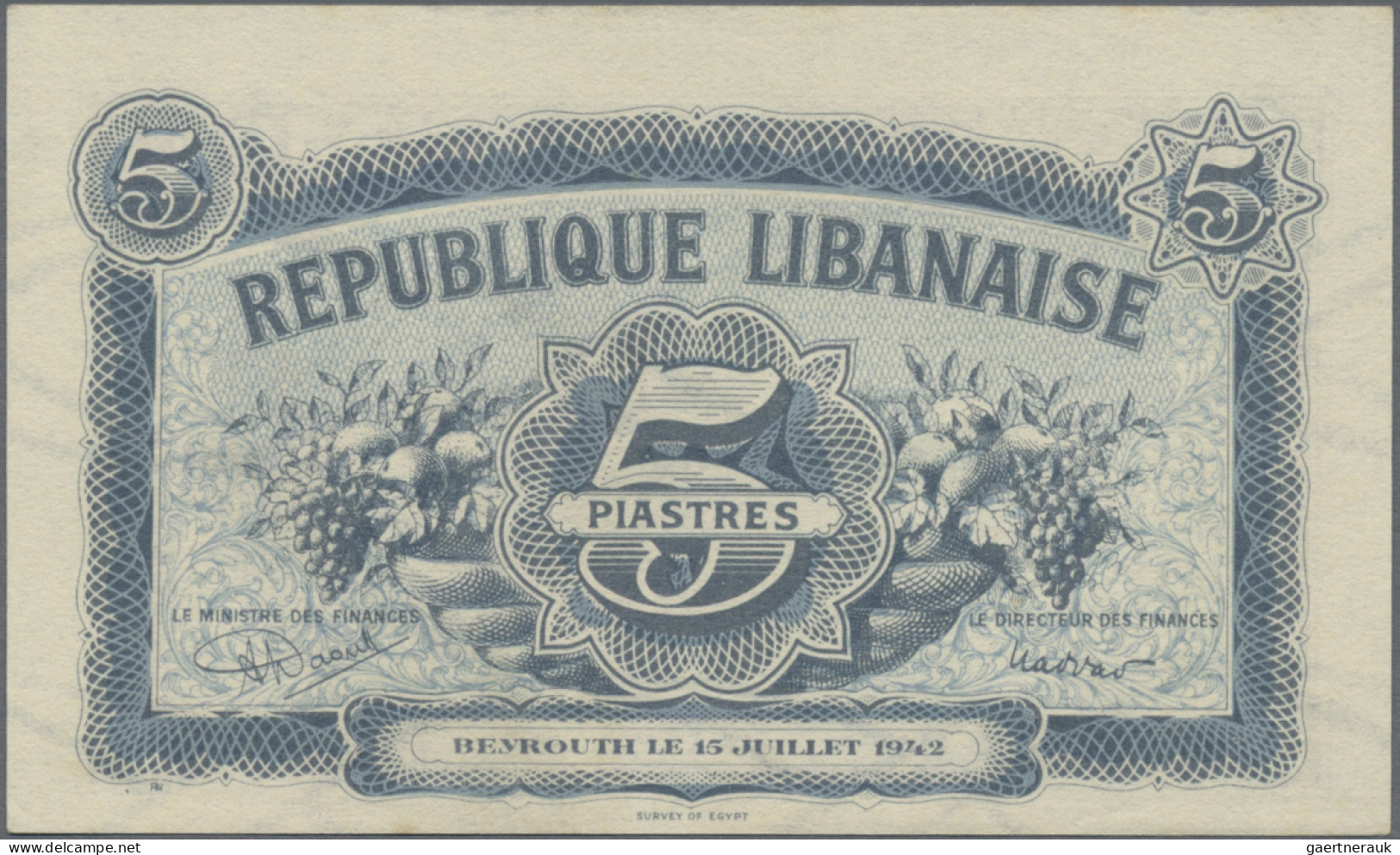 Lebanon: République Libanaise, Set With 3 Banknotes, 1942 Series, With 5 Piastre - Libanon