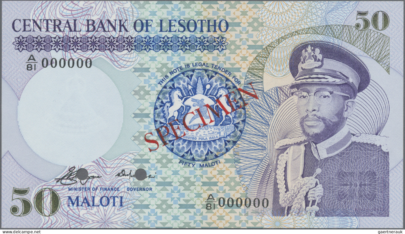 Lesotho: Central Bank Of Lesotho, 50 Maloti 1981 SPECIMEN, P.8s In UNC Condition - Lesotho